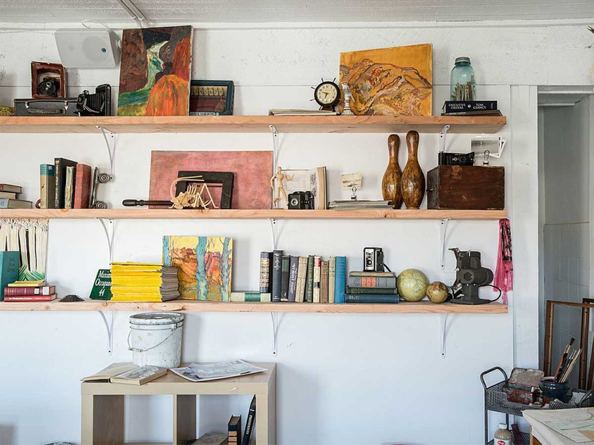 airbnb haus interior art studio shelves