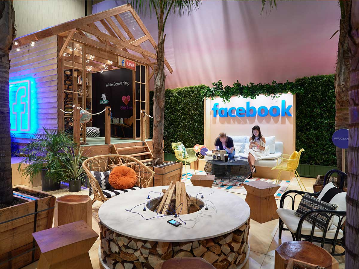 facebook creators lounge with firepit and tables and chairs
